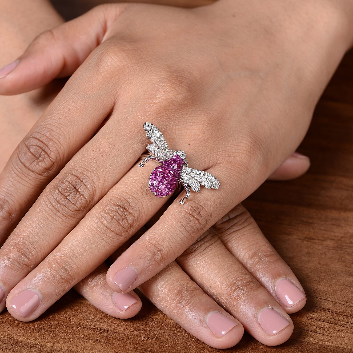 Lustro Stella - Simulated Ruby, Simulated Diamond and Simulated Emerald Bee Ring in Platinum Overlay Sterling Silver