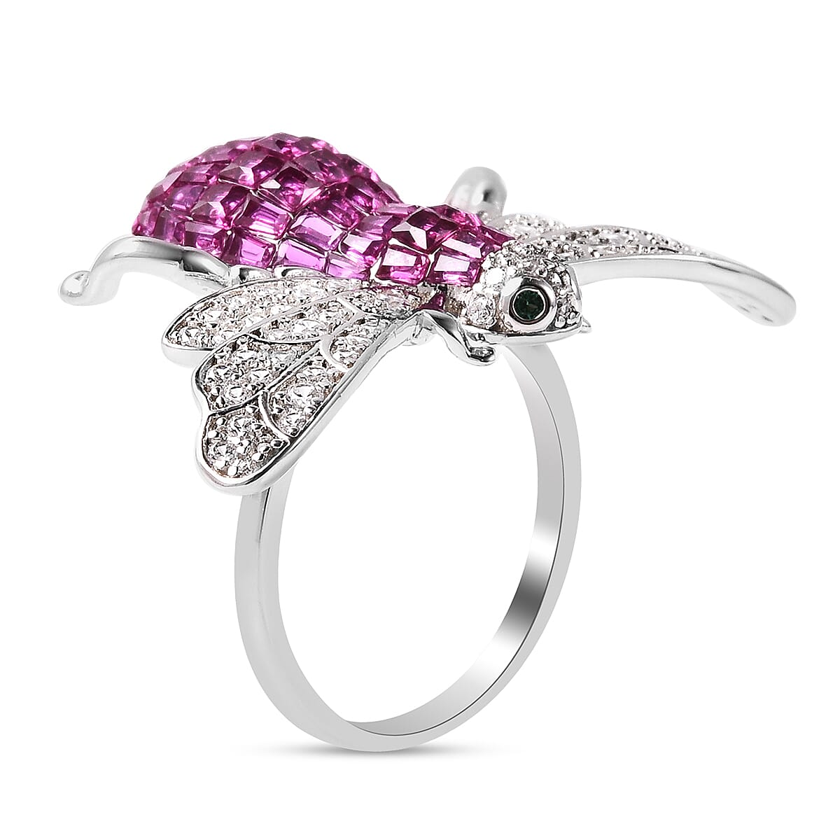 Lustro Stella - Simulated Ruby, Simulated Diamond and Simulated Emerald Bee Ring in Platinum Overlay Sterling Silver