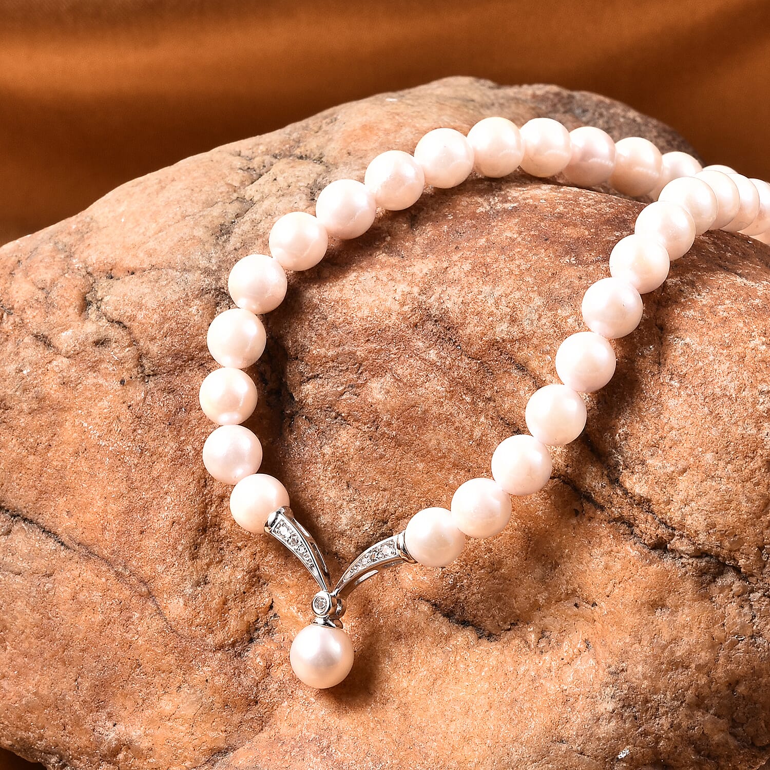 Designer Inspired 9K White Gold Japanese Akoya Pearl and Natural Cambodian Zircon Necklace (Size 20)