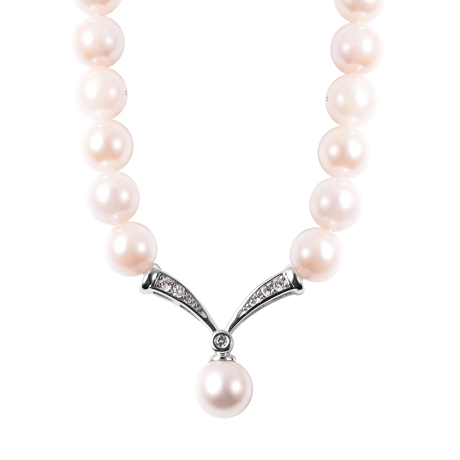 Designer Inspired 9K White Gold Japanese Akoya Pearl and Natural Cambodian Zircon Necklace (Size 20)