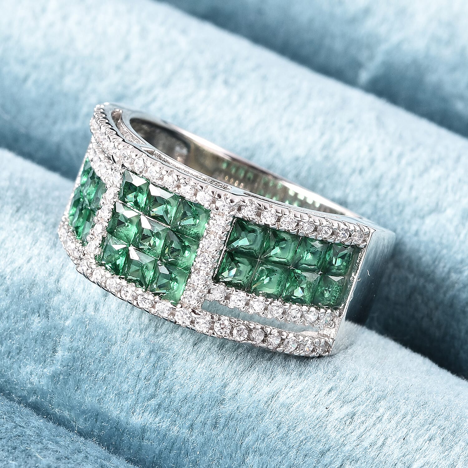 Lustro Stella - Simulated Emerald and Simulated Diamond Ring in Platinum Overlay Sterling Silver