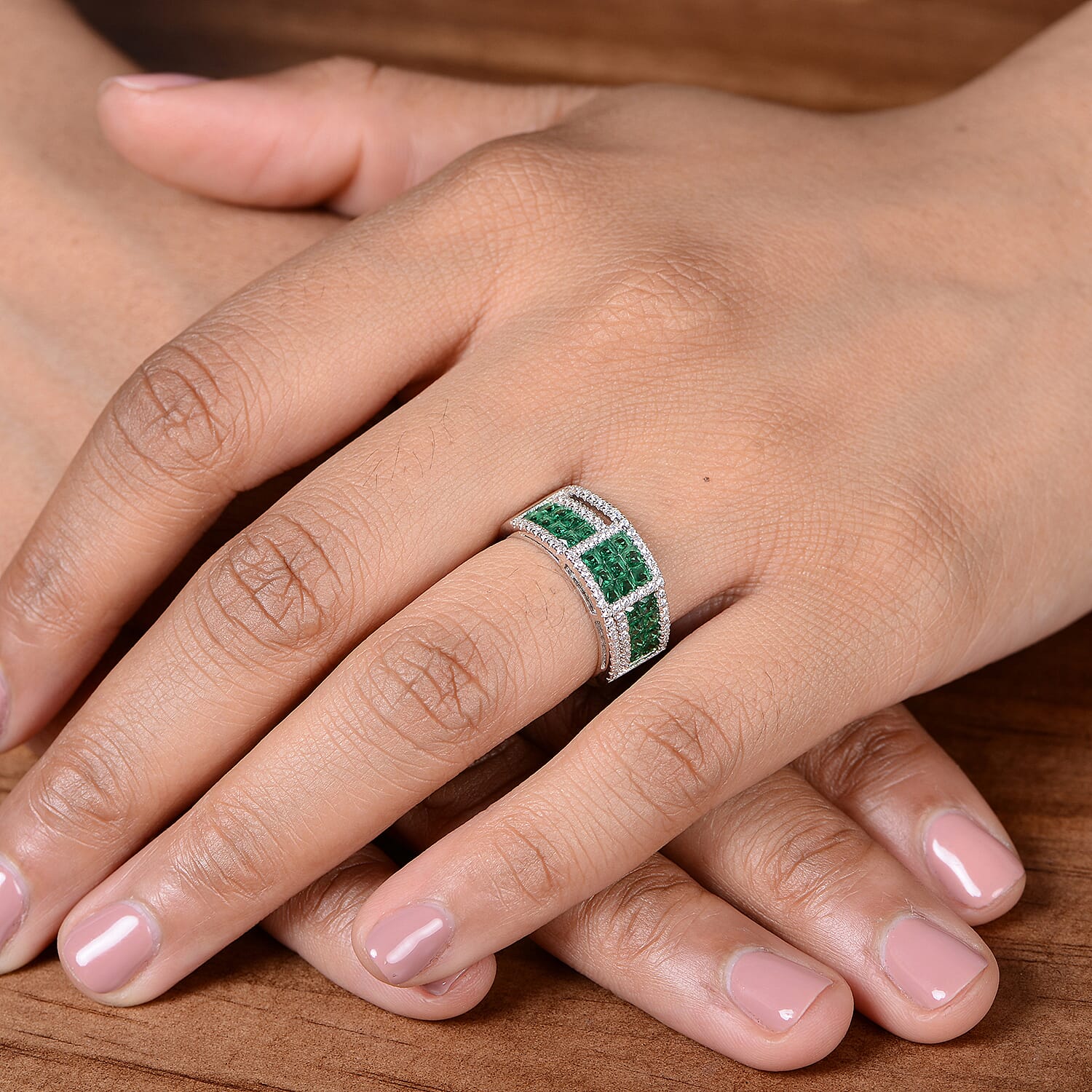 Lustro Stella - Simulated Emerald and Simulated Diamond Ring in Platinum Overlay Sterling Silver