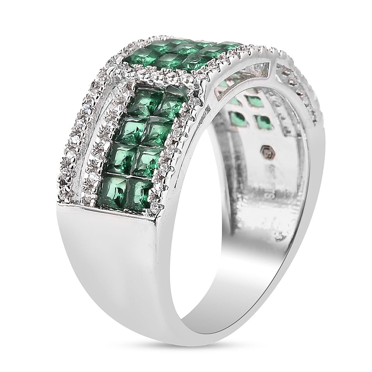 Lustro Stella - Simulated Emerald and Simulated Diamond Ring in Platinum Overlay Sterling Silver