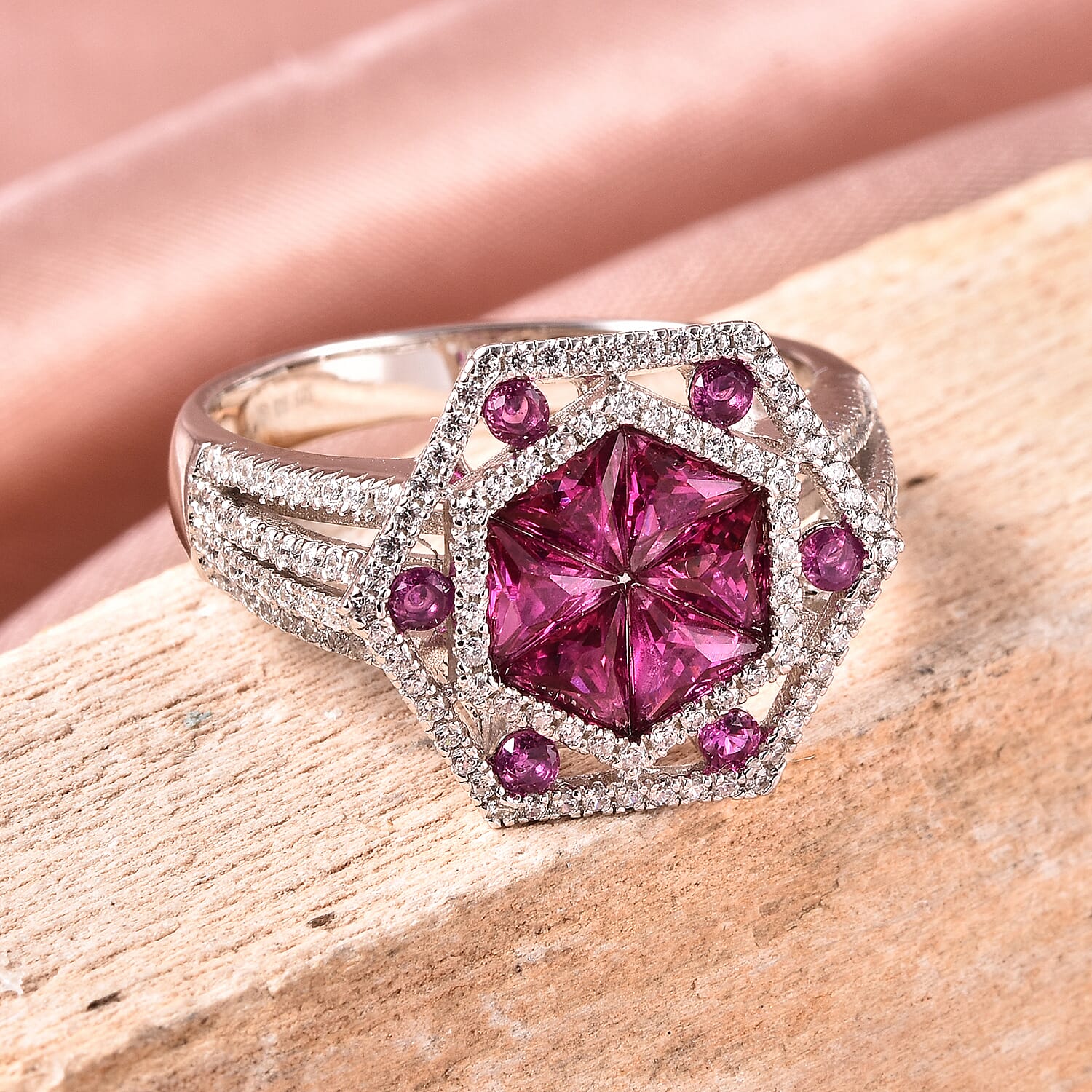 Lustro Stella - Simulated Ruby and Simulated Diamond Ring in Platinum Overlay Sterling Silver, Silver Wt 5.36 Gms