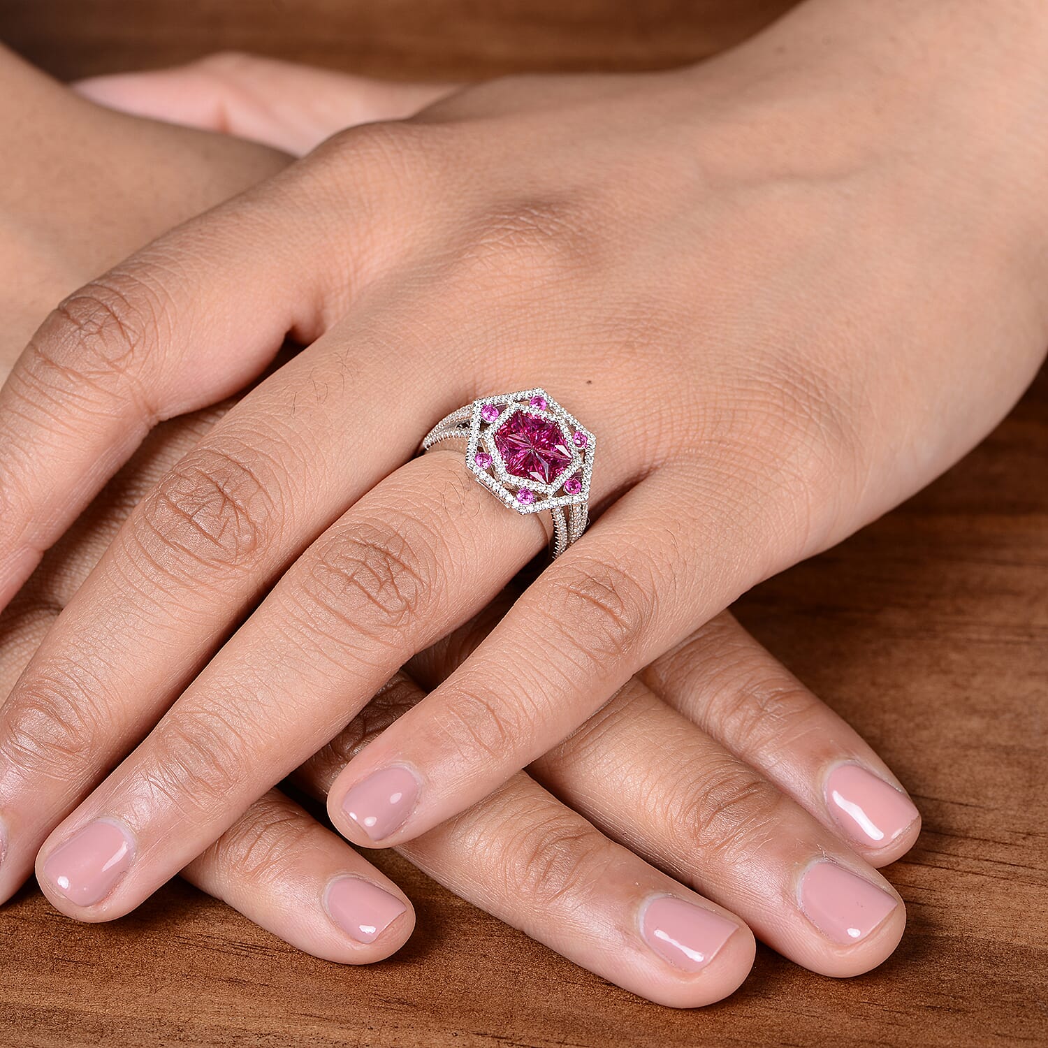 Lustro Stella - Simulated Ruby and Simulated Diamond Ring in Platinum Overlay Sterling Silver, Silver Wt 5.36 Gms