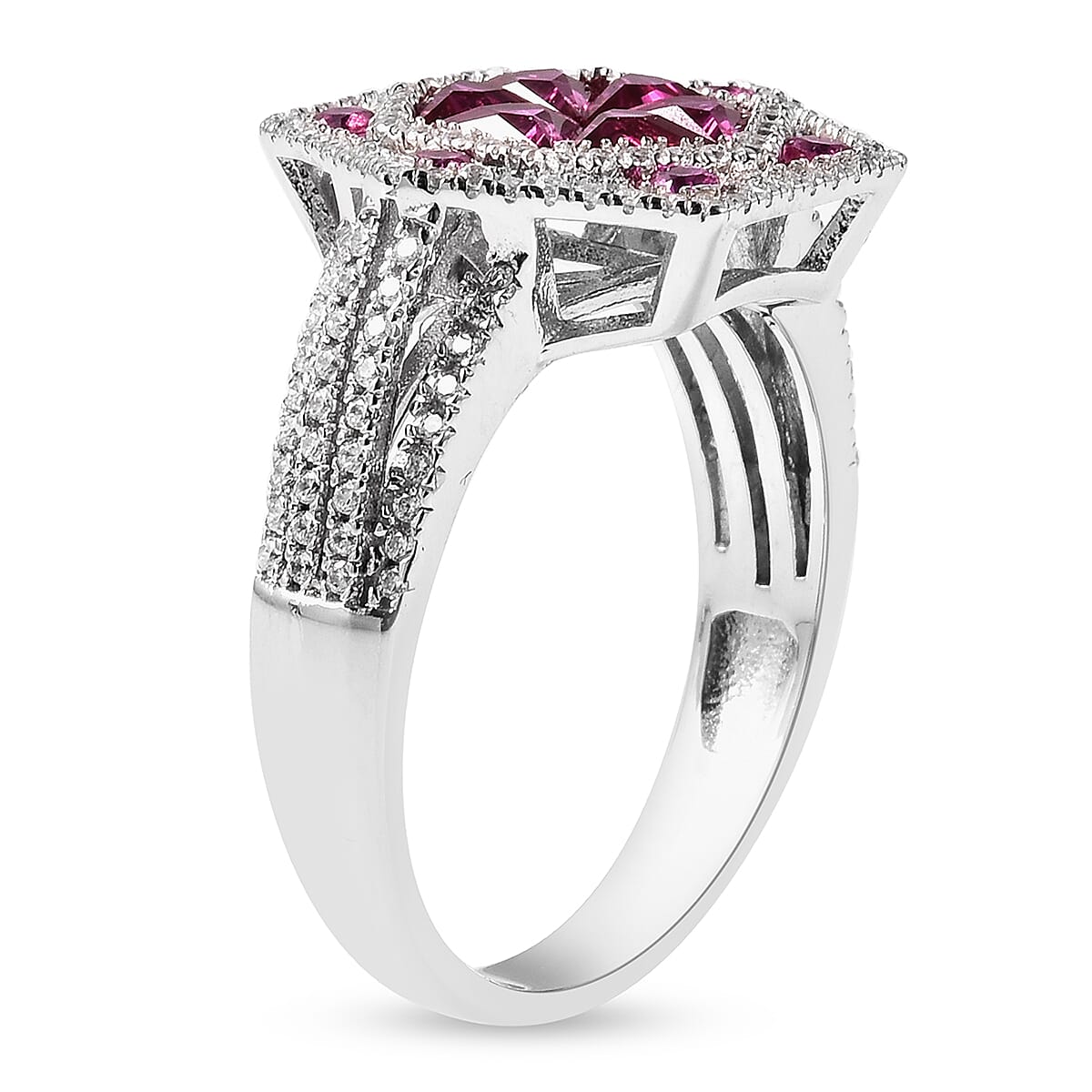 Lustro Stella - Simulated Ruby and Simulated Diamond Ring in Platinum Overlay Sterling Silver, Silver Wt 5.36 Gms