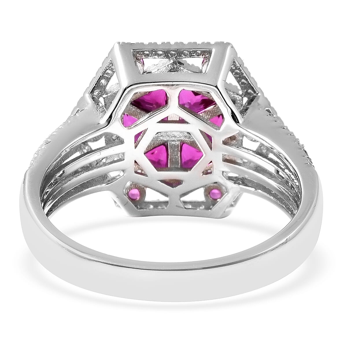 Lustro Stella - Simulated Ruby and Simulated Diamond Ring in Platinum Overlay Sterling Silver, Silver Wt 5.36 Gms