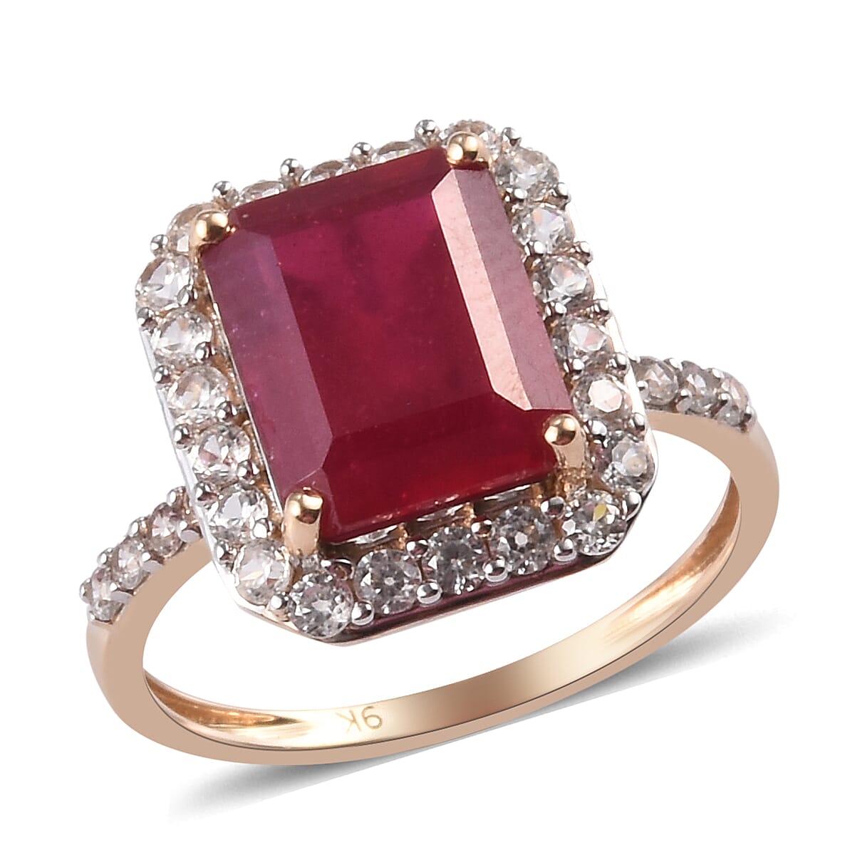 9K Yellow Gold African Ruby (FF) (Oct 10x8) and Natural Cambodian Zircon Ring 6.00 Ct.