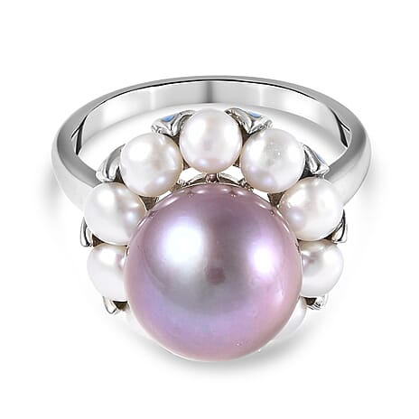 White Edison Pearl and Freshwater Pearl Enamelled Ring in Rhodium Overlay Sterling Silver