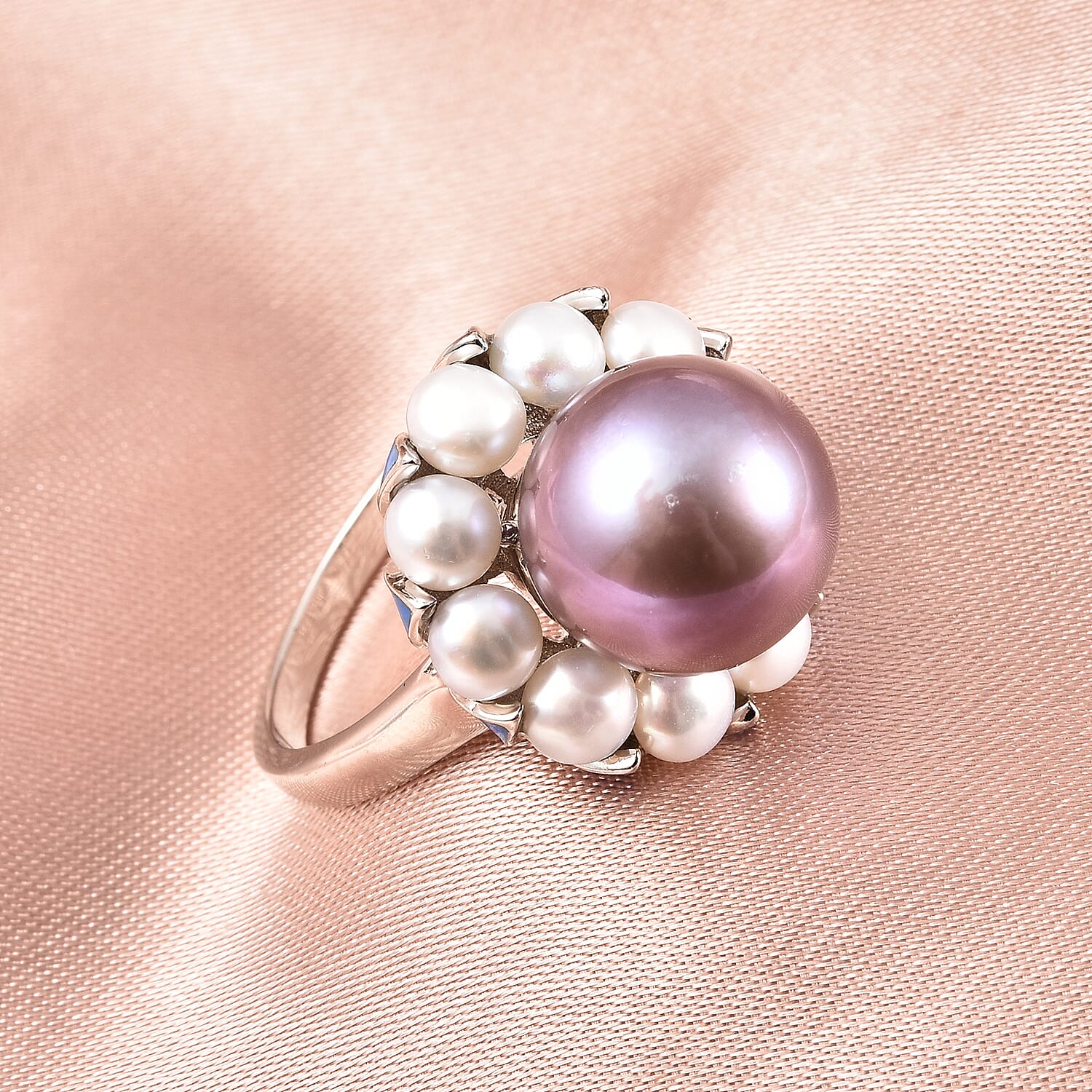 White Edison Pearl and Freshwater Pearl Enamelled Ring in Rhodium Overlay Sterling Silver