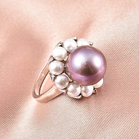 White Edison Pearl and Freshwater Pearl Enamelled Ring in Rhodium Overlay Sterling Silver