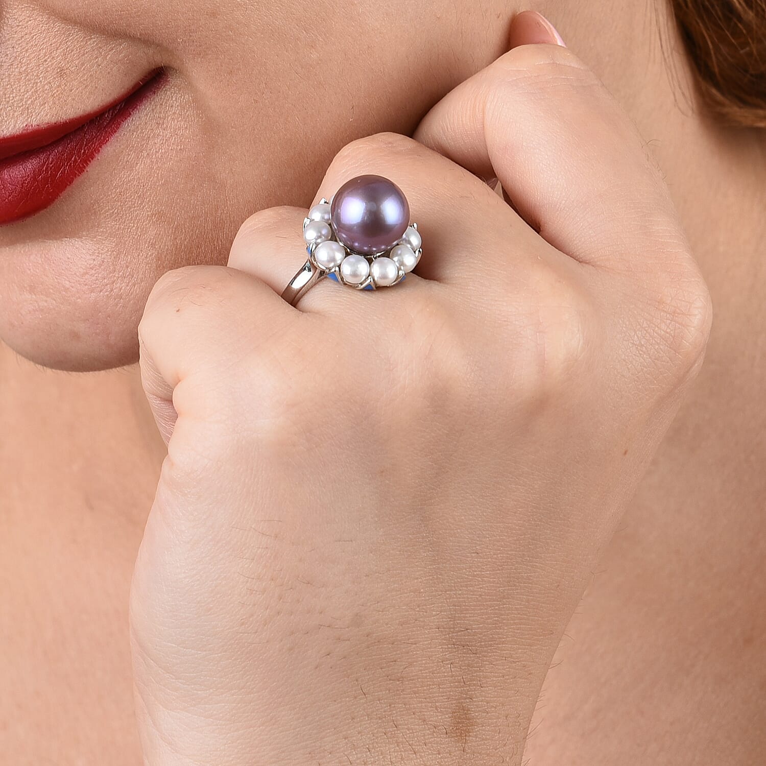 White Edison Pearl and Freshwater Pearl Enamelled Ring in Rhodium Overlay Sterling Silver