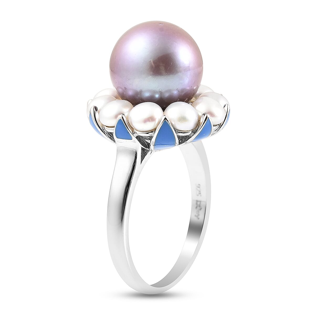 White Edison Pearl and Freshwater Pearl Enamelled Ring in Rhodium Overlay Sterling Silver