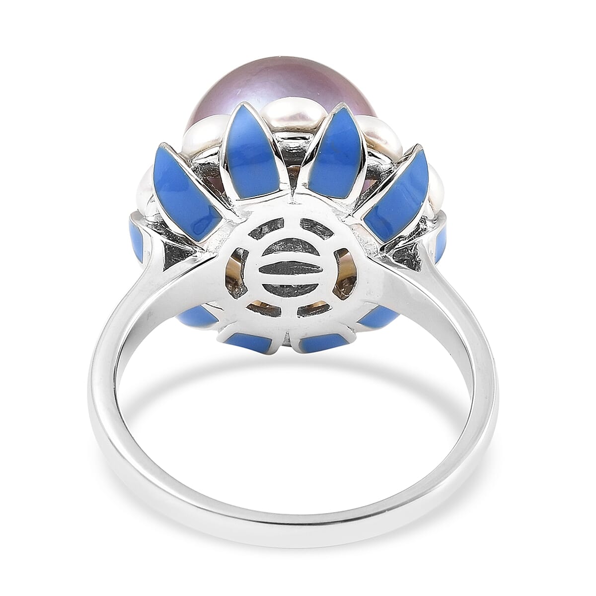 White Edison Pearl and Freshwater Pearl Enamelled Ring in Rhodium Overlay Sterling Silver