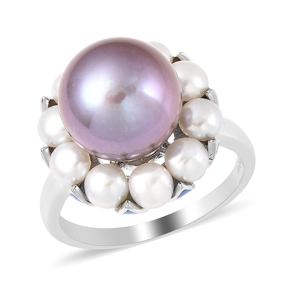 White Edison Pearl and Freshwater Pearl Enamelled Ring in Rhodium Overlay Sterling Silver