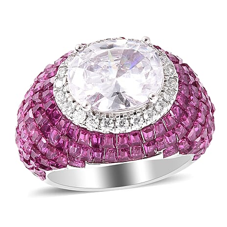 Lustro Stella - Simulated Ruby and Simulated Diamond Ring in Platinum Overlay Sterling Silver, Silver Wt 7.12 Gms