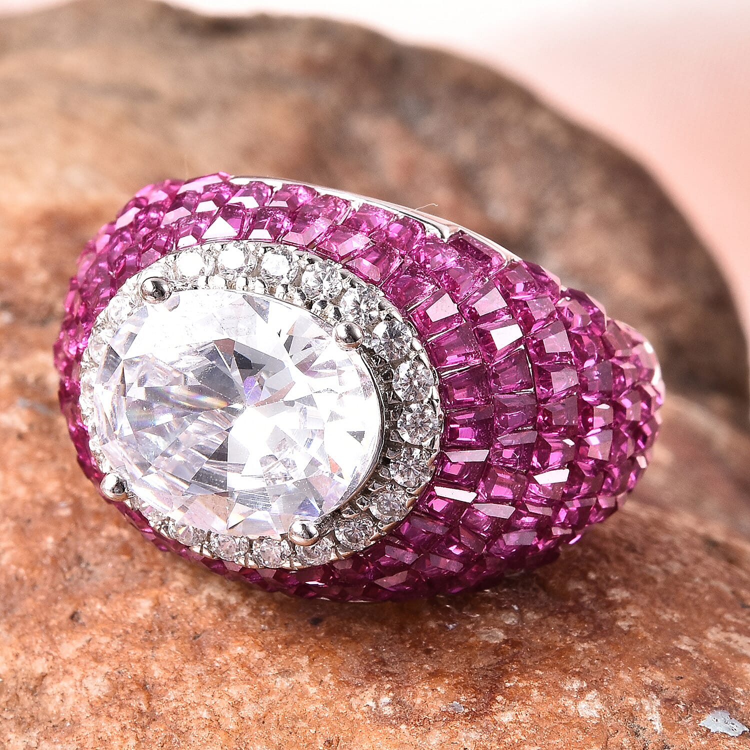 Lustro Stella - Simulated Ruby and Simulated Diamond Ring in Platinum Overlay Sterling Silver, Silver Wt 7.12 Gms