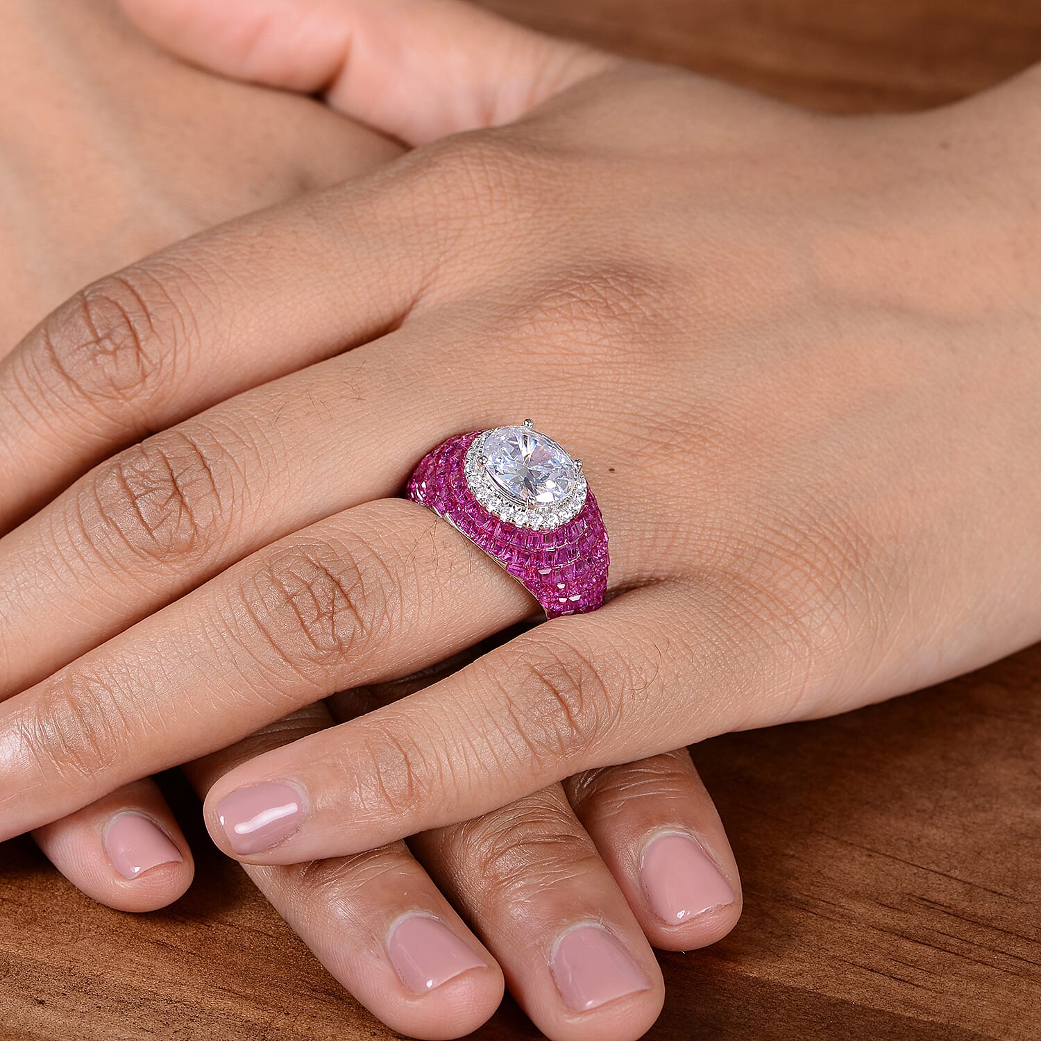 Lustro Stella - Simulated Ruby and Simulated Diamond Ring in Platinum Overlay Sterling Silver, Silver Wt 7.12 Gms