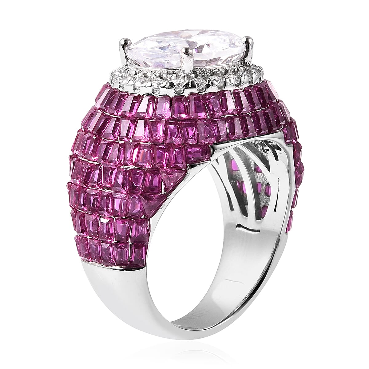 Lustro Stella - Simulated Ruby and Simulated Diamond Ring in Platinum Overlay Sterling Silver, Silver Wt 7.12 Gms
