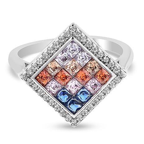 Lustro Stella - Simulated Rainbow Sapphire Ring in Platinum Overlay Sterling Silver