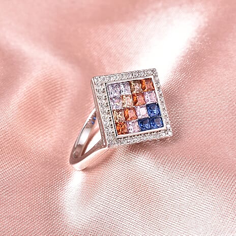 Lustro Stella - Simulated Rainbow Sapphire Ring in Platinum Overlay Sterling Silver