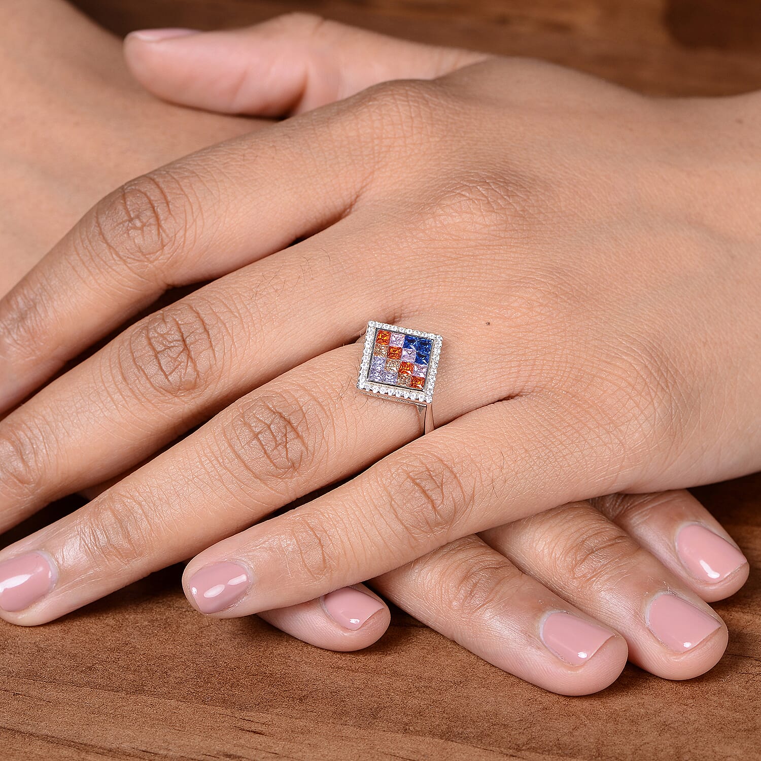 Lustro Stella - Simulated Rainbow Sapphire Ring in Platinum Overlay Sterling Silver