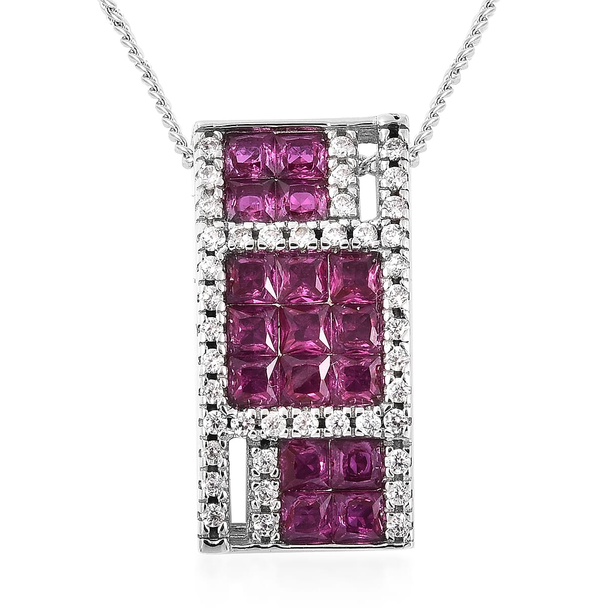 Lustro Stella - Simulated Ruby and Simulated Diamond Pendant with Chain (Size 18) in Platinum Overlay Sterling Silver