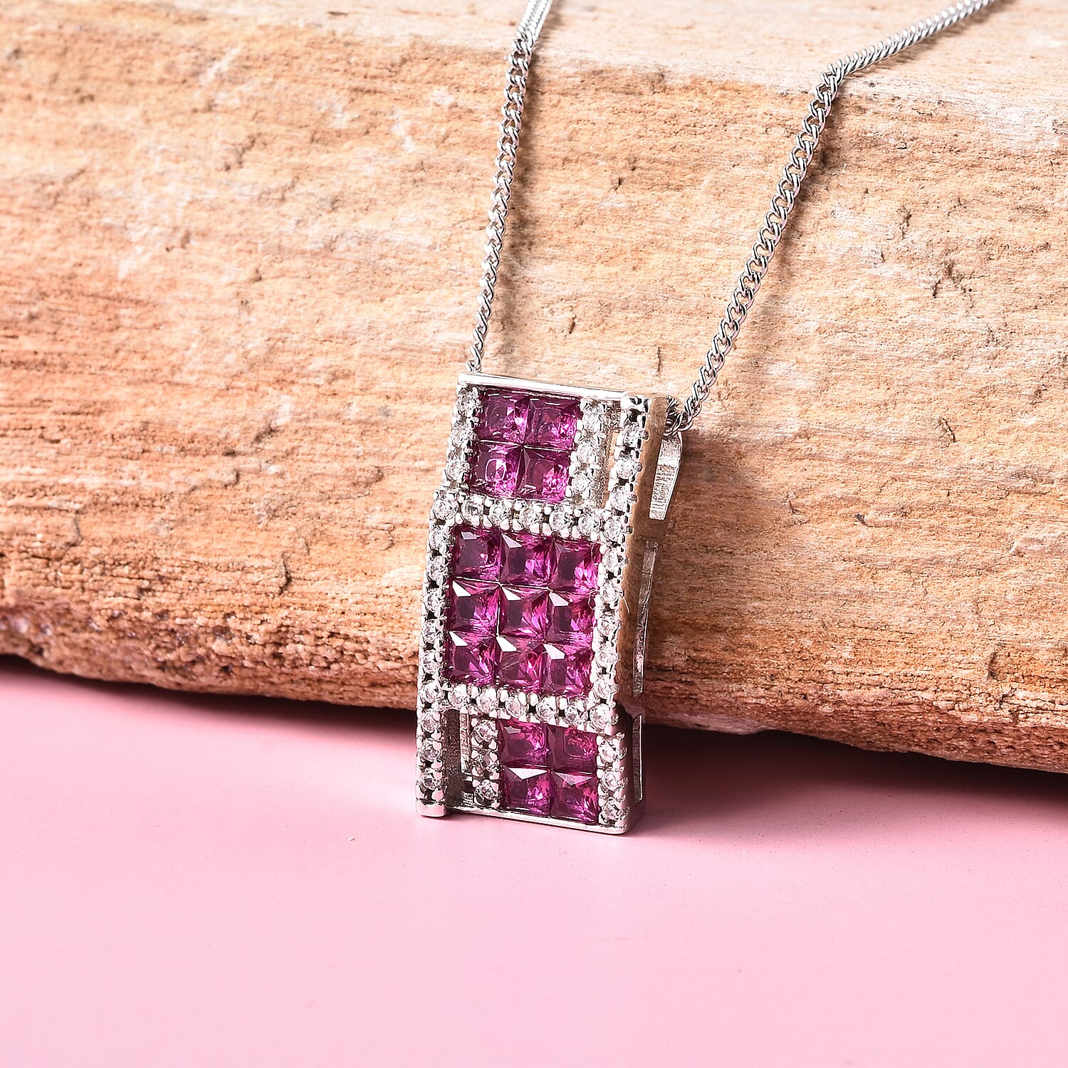 Lustro Stella - Simulated Ruby and Simulated Diamond Pendant with Chain (Size 18) in Platinum Overlay Sterling Silver