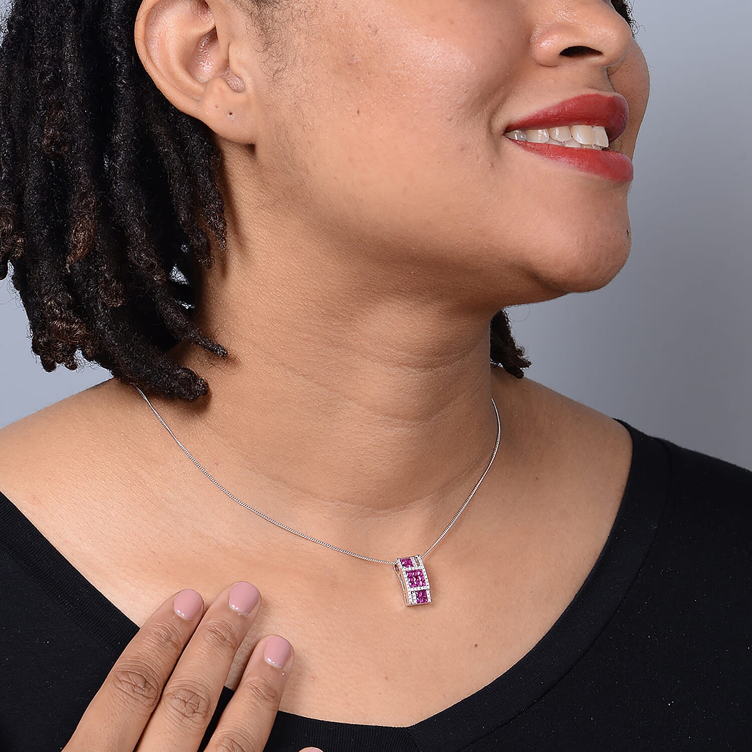 Lustro Stella - Simulated Ruby and Simulated Diamond Pendant with Chain (Size 18) in Platinum Overlay Sterling Silver