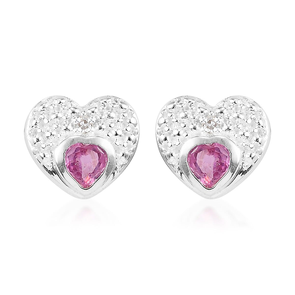African Ruby and White Diamond Heart Stud Push Back Earrings in Sterling Silver 0.37 Ct.