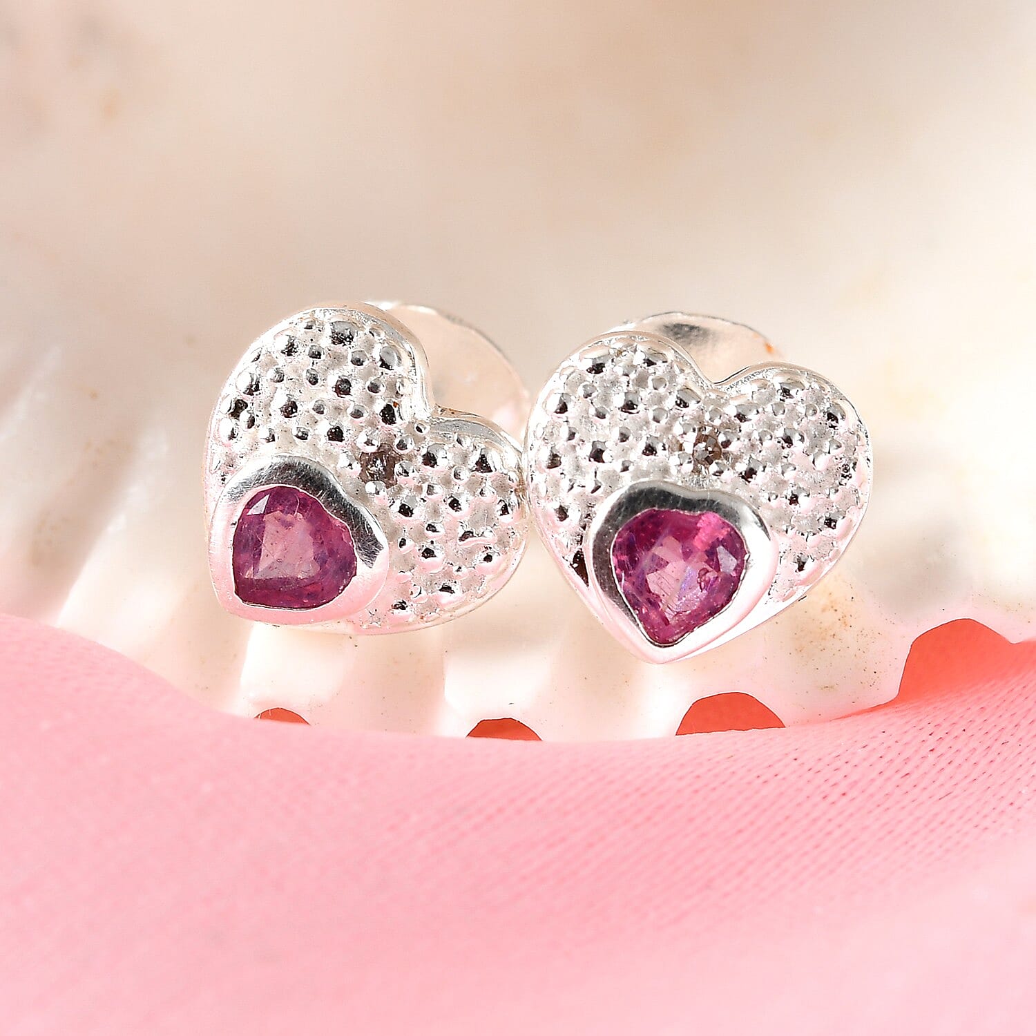 African Ruby and White Diamond Heart Stud Push Back Earrings in Sterling Silver 0.37 Ct.