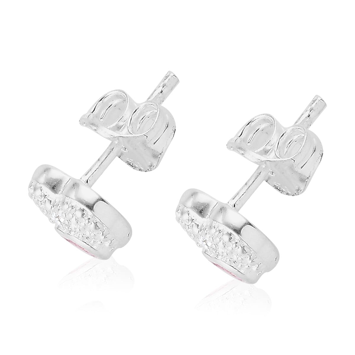 African Ruby and White Diamond Heart Stud Push Back Earrings in Sterling Silver 0.37 Ct.