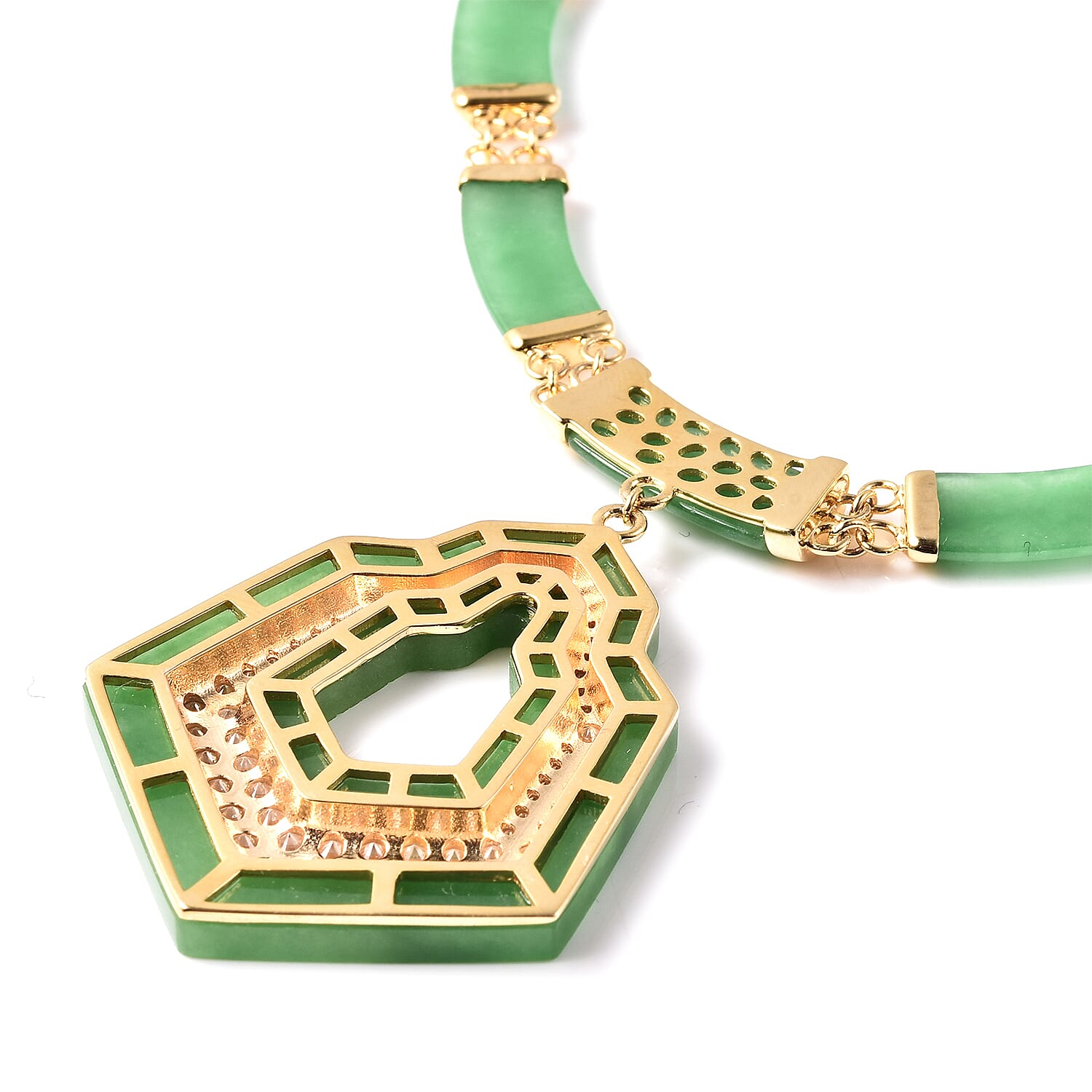 Green Jade and Natural Cambodian Zircon Necklace (Size 18) in Vermeil Yellow Gold Plated Sterling Silver 104.59 Ct.