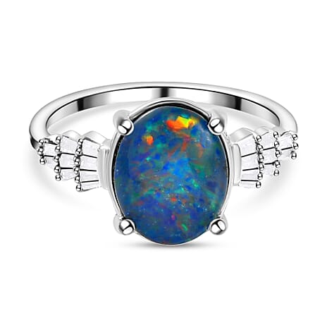 Australian Boulder Opal and Diamond Ring in Platinum Overlay Sterling Silver 1.73 Ct.