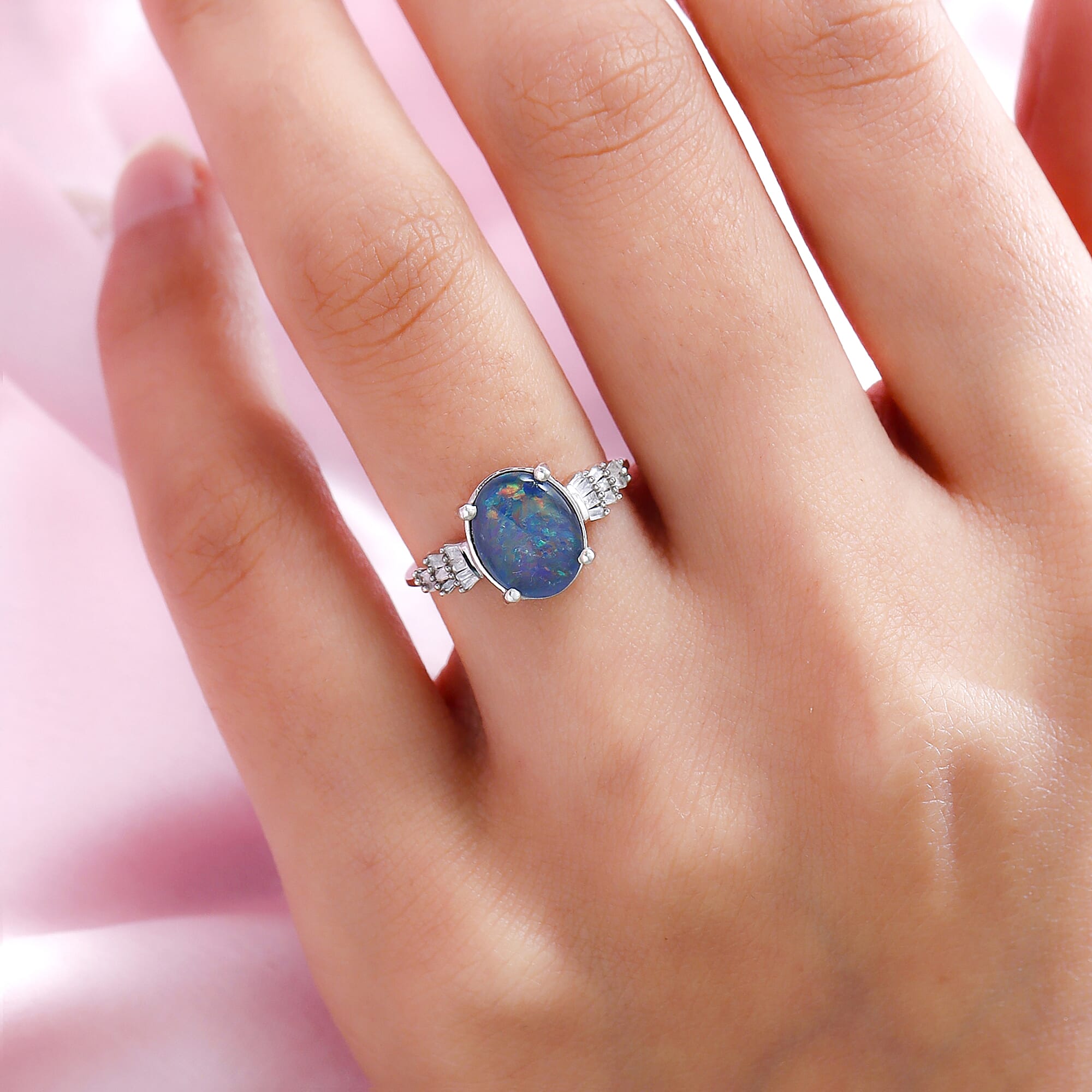 Australian Boulder Opal & White Diamond Ring in Platinum Overlay Sterling Silver 1.69 Ct.