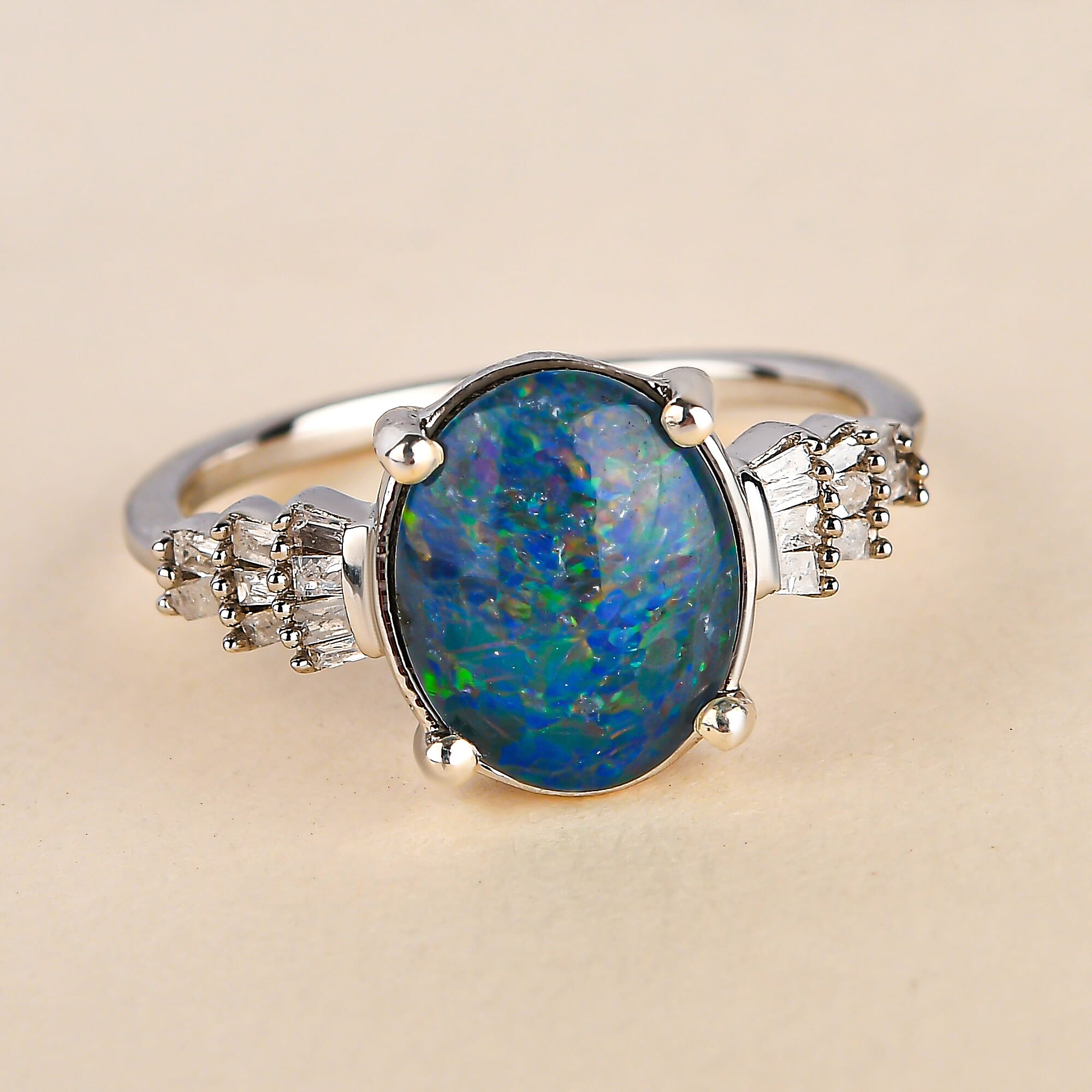 Australian Boulder Opal & White Diamond Ring in Platinum Overlay Sterling Silver 1.69 Ct.