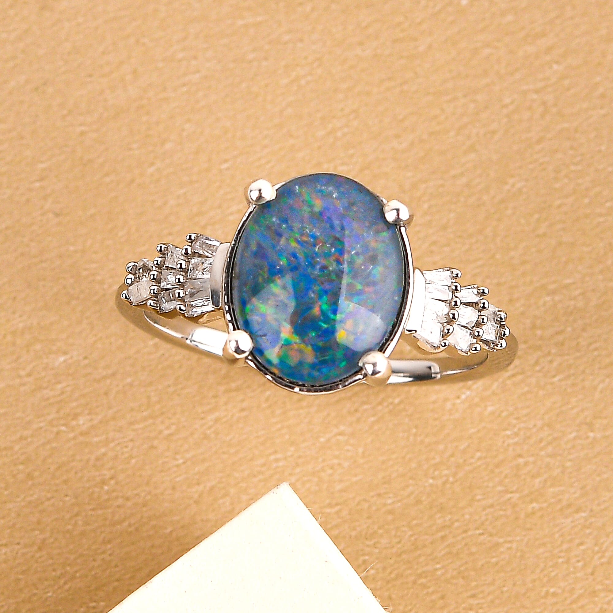 Australian Boulder Opal & White Diamond Ring in Platinum Overlay Sterling Silver 1.69 Ct.