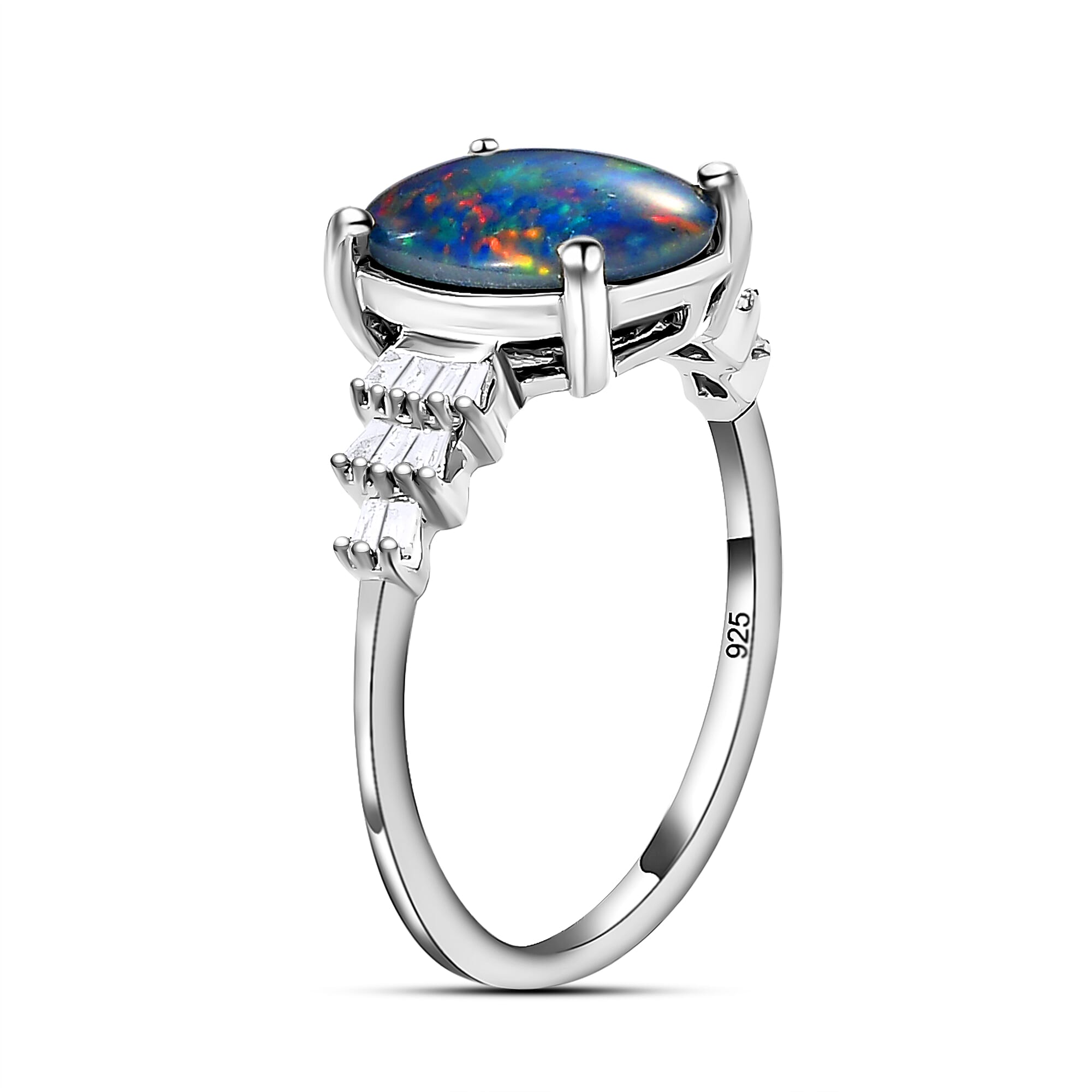 Australian Boulder Opal & White Diamond Ring in Platinum Overlay Sterling Silver 1.69 Ct.