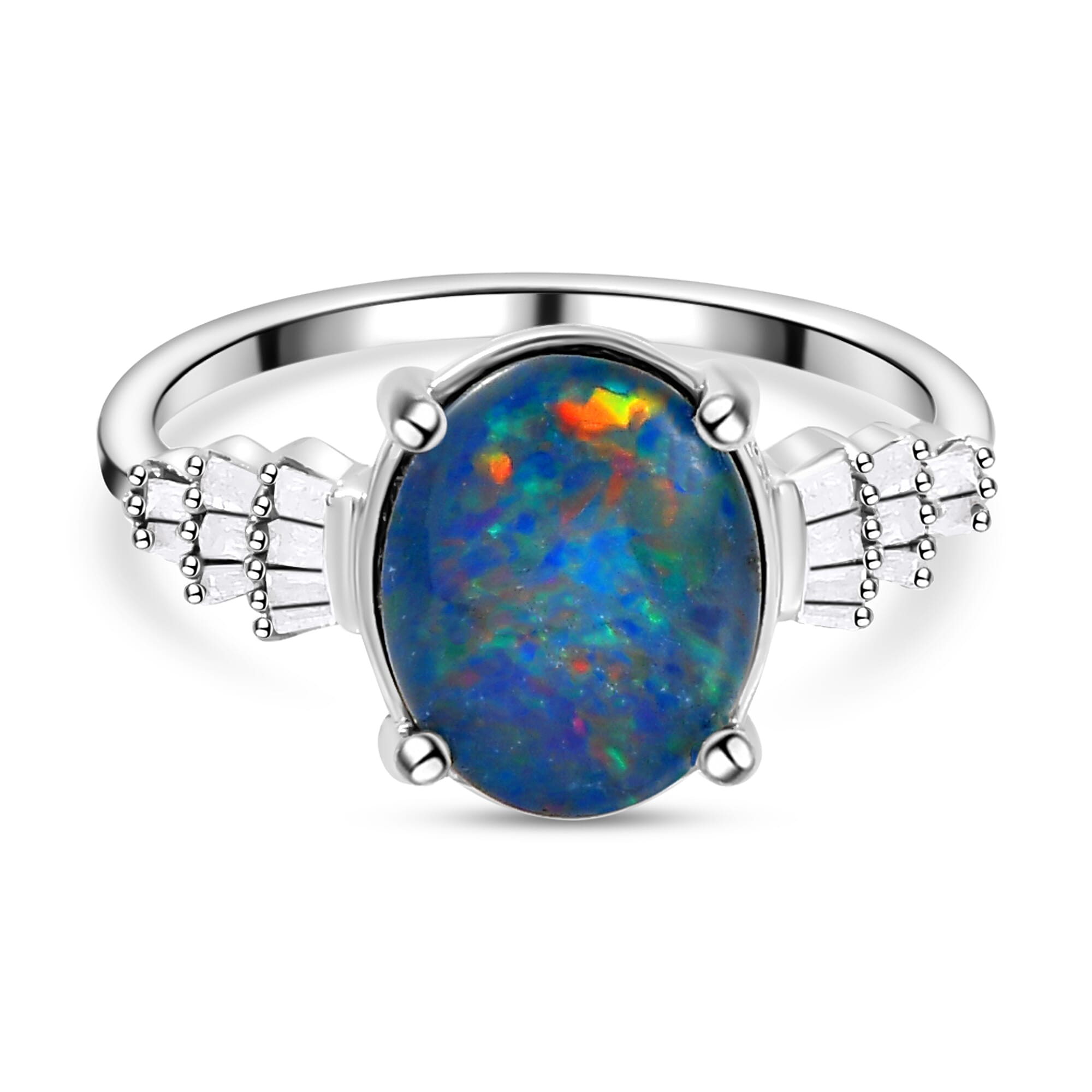 1.80 Ct. Australian Boulder Opal and Diamond Ring in Platinum Plated Sterling Silver