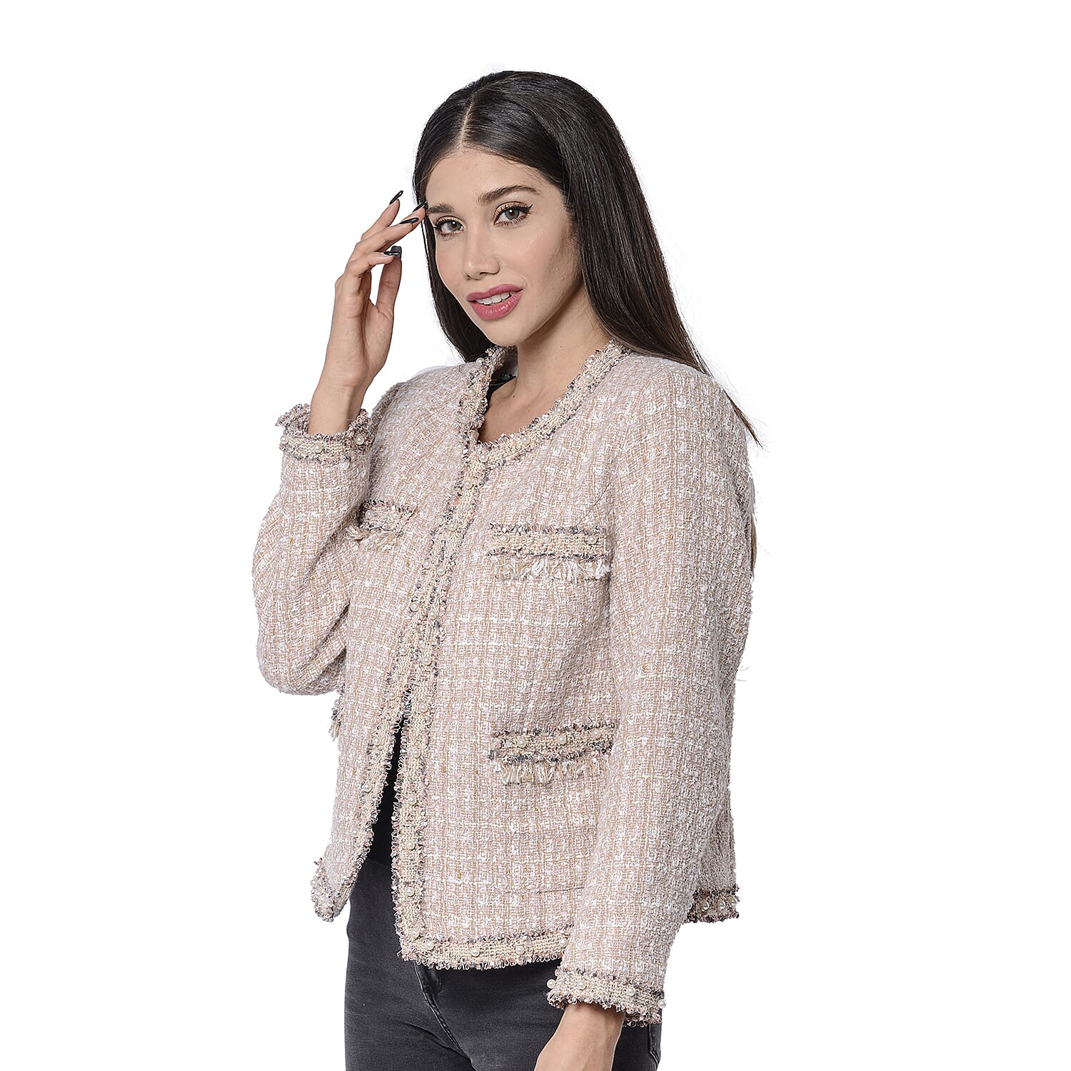 LA MAREY Pink, Beige and White Tweed Jacket (Size M / 10-12)