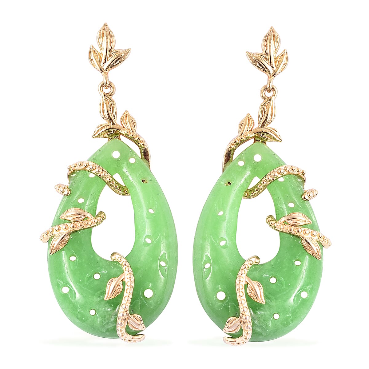 Green Jade Leaf Vine Earrings (with Push Back) in Yellow Gold Sterling Silver 38.75 Ct.