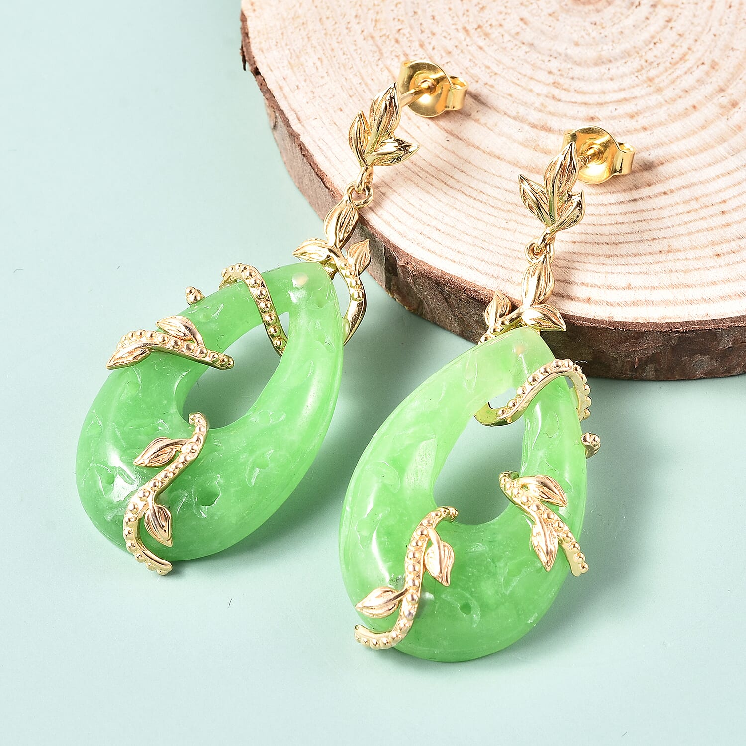 Green Jade Leaf Vine Earrings (with Push Back) in Yellow Gold Sterling Silver 38.75 Ct.
