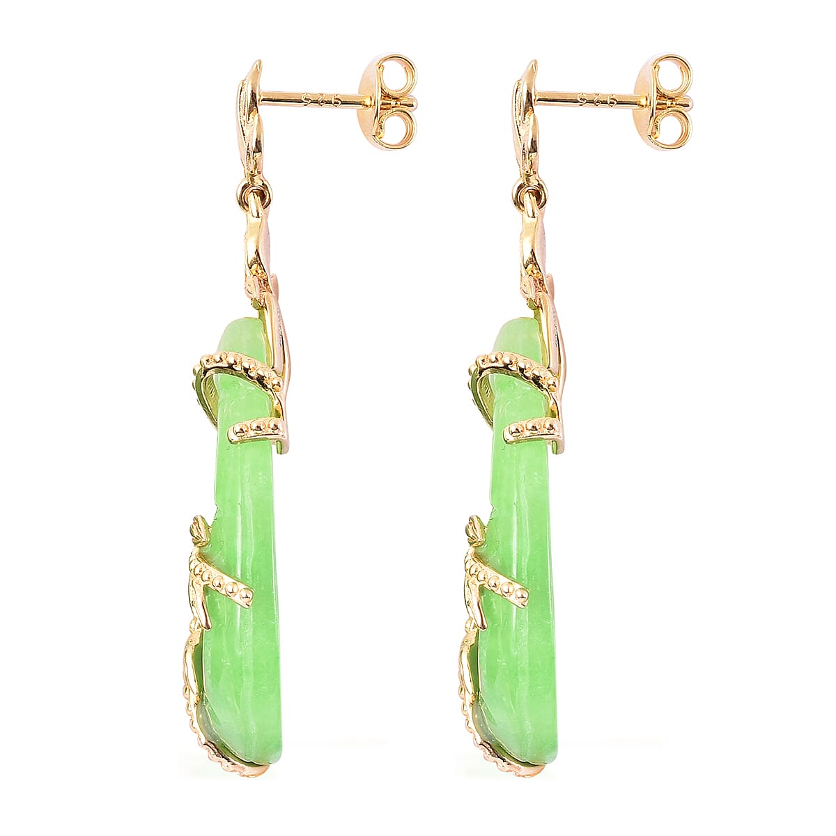 Green Jade Leaf Vine Earrings (with Push Back) in Yellow Gold Sterling Silver 38.75 Ct.