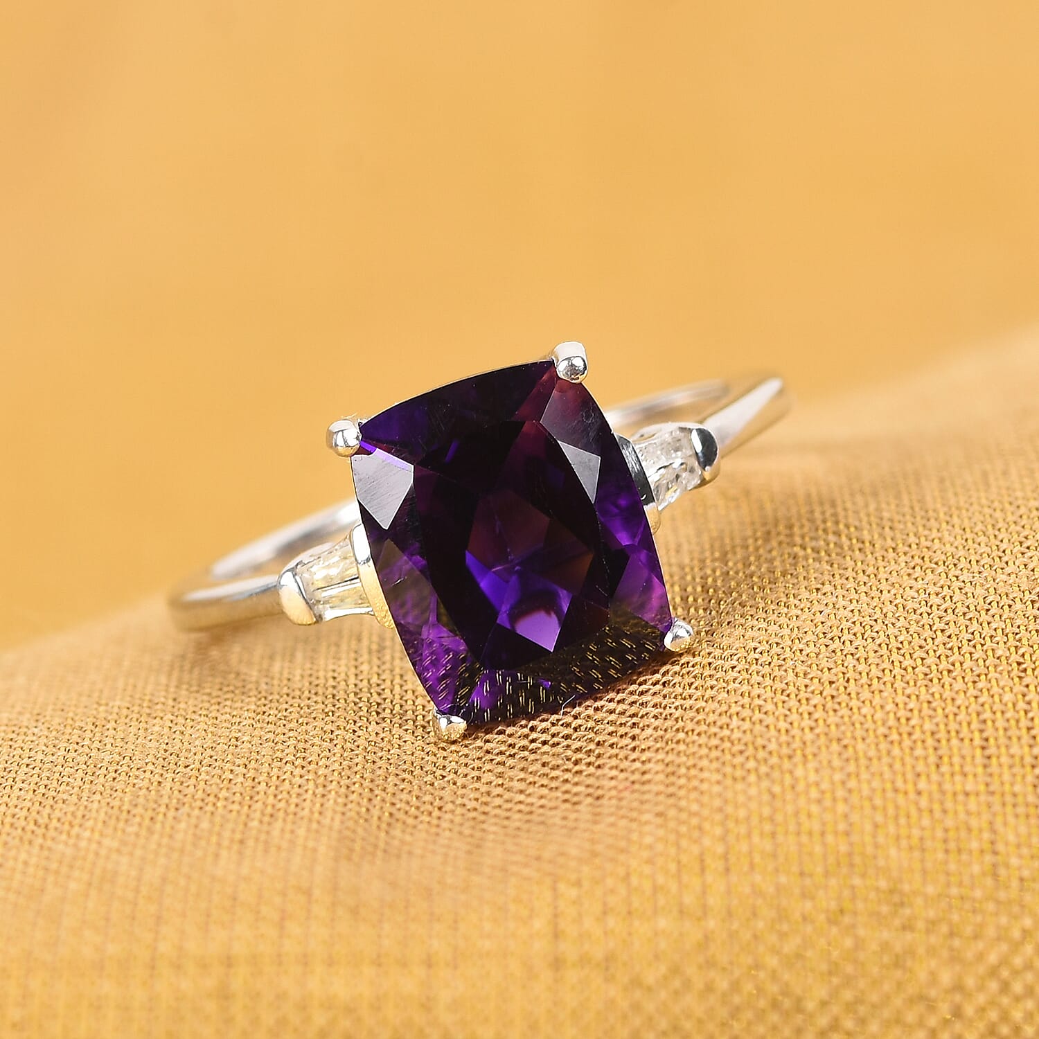 Moroccan Amethyst and Diamond Ring in Platinum Overlay Sterling Silver 3.04 Ct.