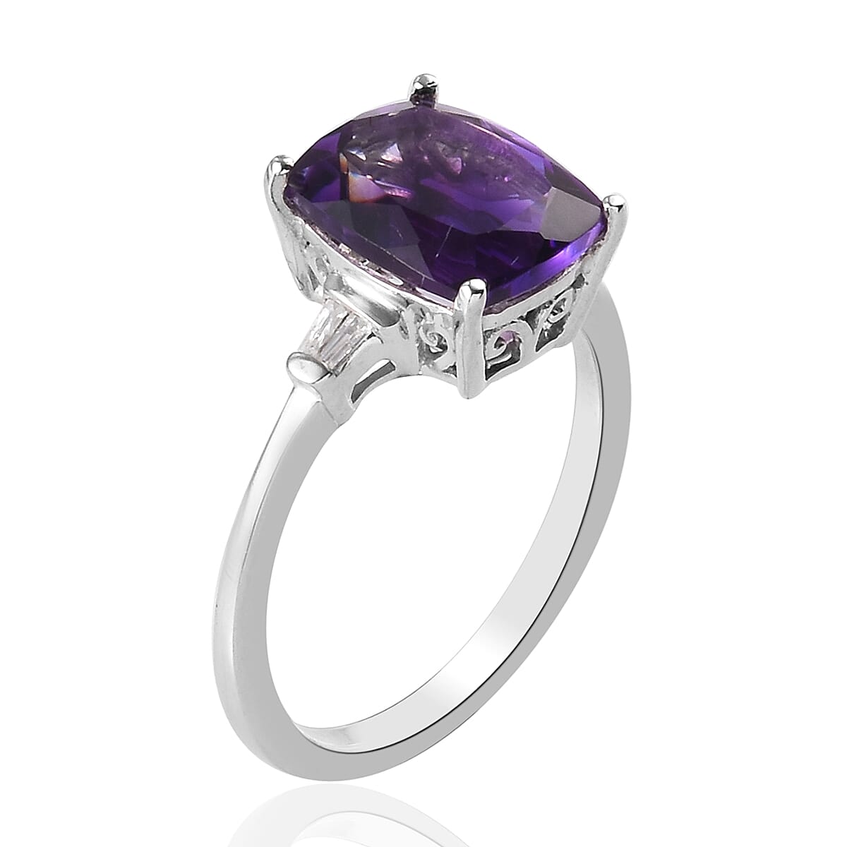 Moroccan Amethyst and Diamond Ring in Platinum Overlay Sterling Silver 3.04 Ct.