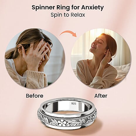 Platinum Overlay Sterling Silver Stackable Floral Vine Spinner Ring