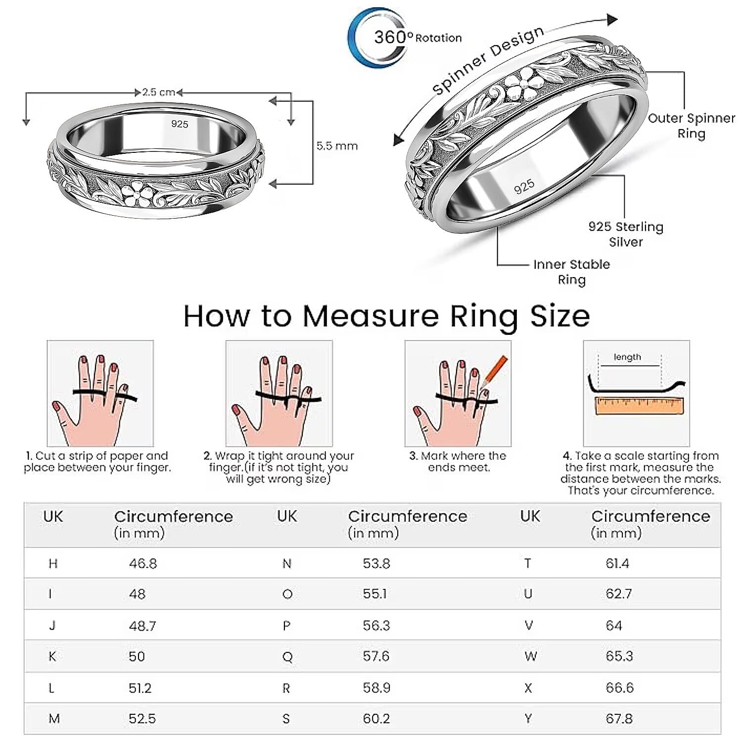 Sterling Silver Fidget Spinner Band Anxiety Stress Reliever Ring for Men and Women