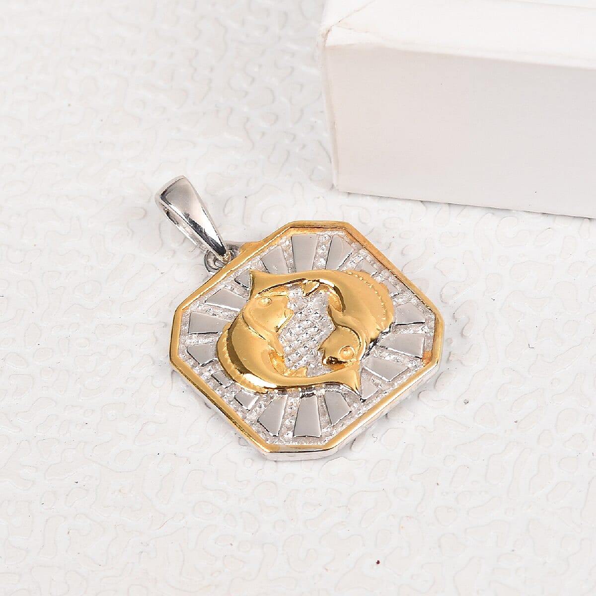 Aquamarine Pisces Zodiac Pendant in Yellow Gold and Platinum Overlay Sterling Silver