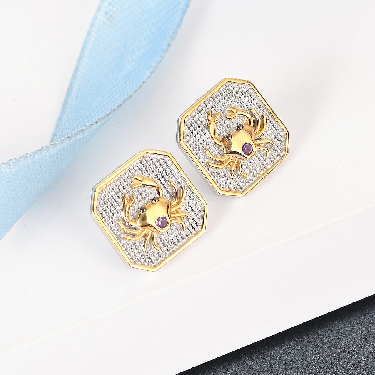 Amethyst Cancer Zodiac Stud Earrings (with Push Back) in Yellow Gold and Platinum Overlay Sterling Silver