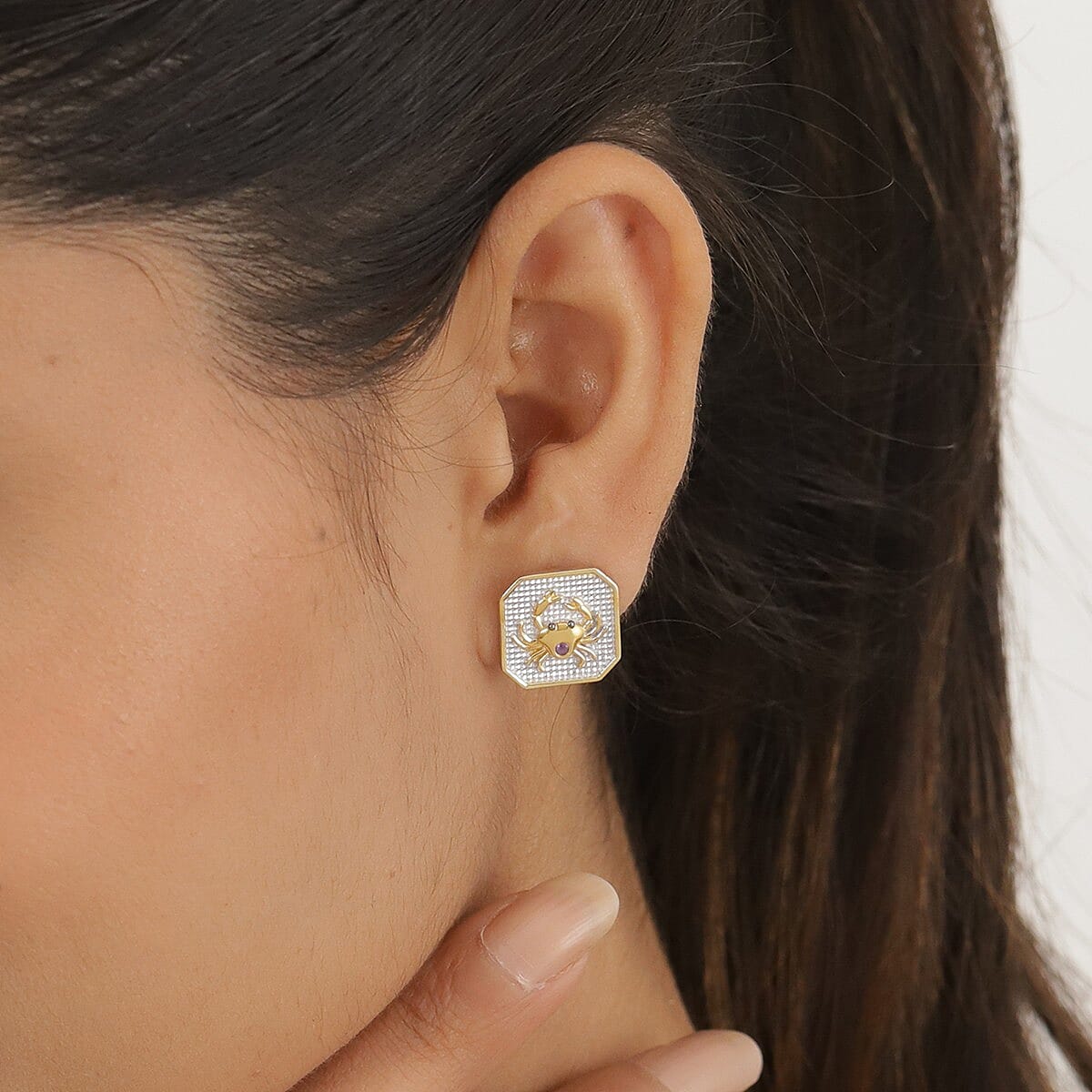 Amethyst Cancer Zodiac Stud Earrings (with Push Back) in Yellow Gold and Platinum Overlay Sterling Silver